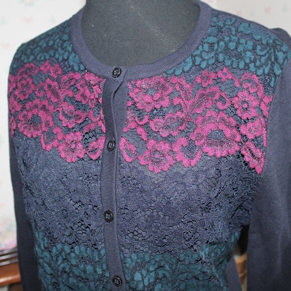Ann Taylor Factory Navy Blue Lace Front Cardigan Sweater, Small - Picture 3 of 8